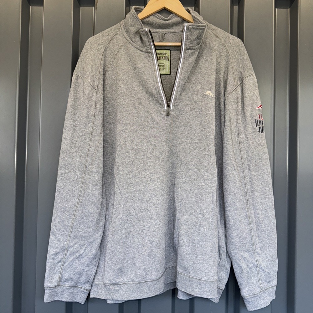 Tommy Bahama Men's Gray Sweater Pullover Relax 1/4 Zip Patriots Super Bowl XL